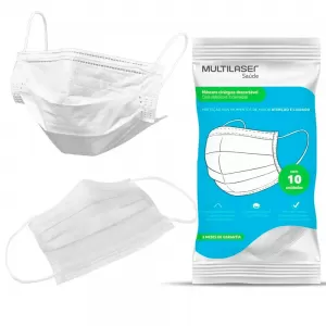 Máscara Descartável Tripla Branca com 10 Unidades – Com Clip Nasal